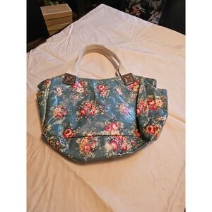 Ann Taylor Floral Tote Bag Blue Rose Coated Canvas Shoulder Bag Handbag